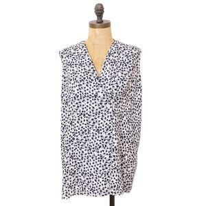 DONNA KARAN Printed Snap Draped Blouse L V-Neck Sleeveless Tank White Black B53